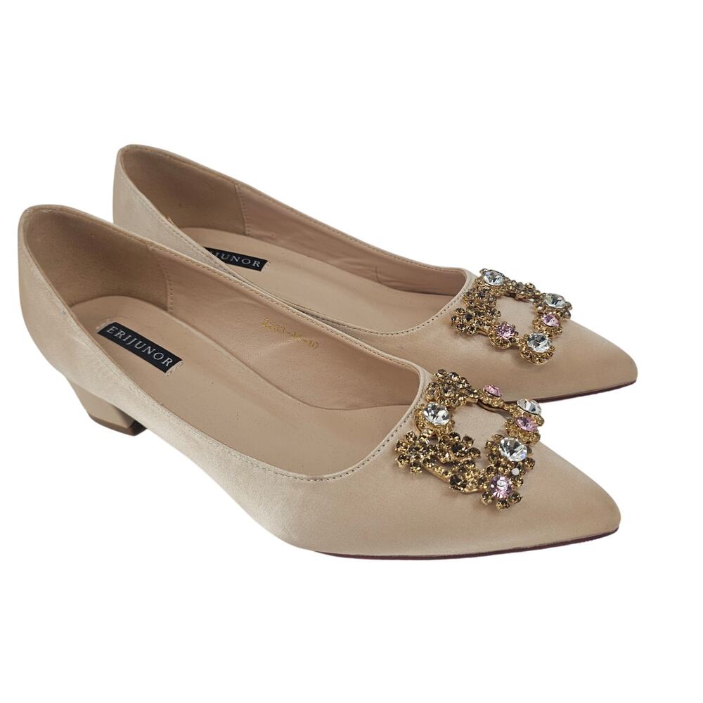 Chunky Heel Pointed Toe Rhinestone Wedding Evening Satin Shoe Size 10 Champagne